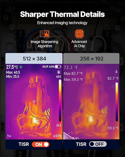 VEVOR Pro Thermal Imaging Camera, Upgraded 512 x 384 TISR Super Resolution, 3.45" LCD Infrared Thermal Imager with 2MP Visual Camera, 25HZ Refresh Rate, -4°F - 1022°F, 4 Image Modes & 7 Color Palettes