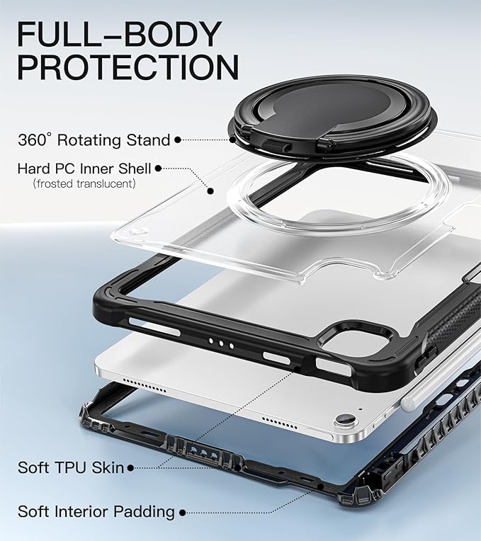 BATYUE Case for iPad Air 11-inch M4(2026)/M3(2025)/M2(2024), iPad Air 4/5 10.9" & Pro 11" 2018-2022 - Shockproof Case with 360° Rotating Stand & Handle, Pencil Holder, Shoulder Strap, Black