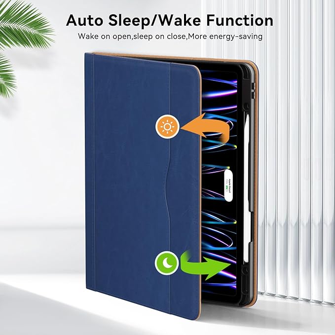 Zonefoker for New iPad Pro 12.9 Case 6th/5th/4th/3rd Generation 2022/2021/2020/2018, 12.9 inch ipad Pro Leather Folio Cover with Pencil Holder, Multi-Angle Viewing Stand, Auto Wake/Sleep, Navy Blue