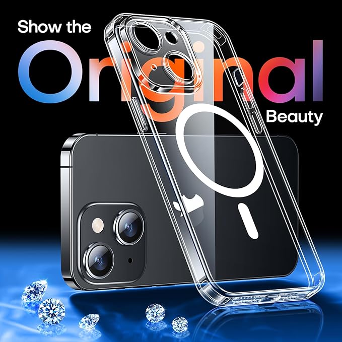 CANSHN Magnetic for iPhone 15 Case Clear, Upgraded [Full Camera Protection] [Compatible with Magsafe] Non-Yellowing Protective Shockproof Bumper Phone Case 6.1 inch - Clear