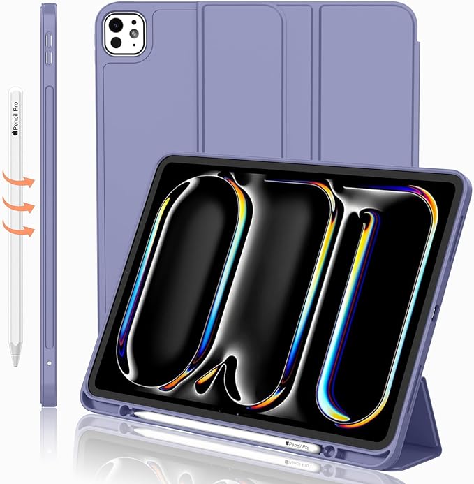 iMieet iPad Pro 13 Inch Case (M5/M4) 2025/2024 with Pencil Holder, Trifold Stand Smart Case with Soft TPU Back, Auto Wake/Sleep (Lavender)