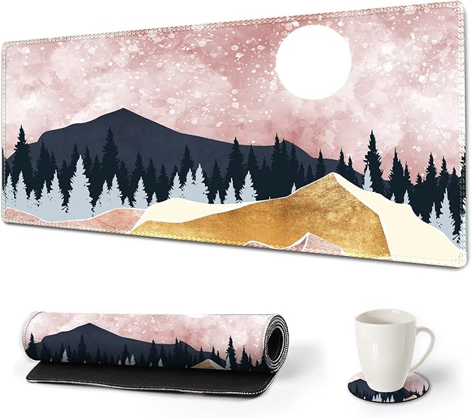 ARTSO Large Gaming Mouse Pad with Stitched Edges, XXL Extended Keyboard Mat Long Mousepad Desk Decor Writing Pad 35.1x15.7 in, Non-Slip Base for Work, Game, Office, Home, Pink Abstract Mountain
