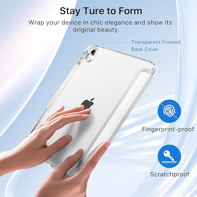 MoKo for iPad Air 11 inch Case (M4/M3/M2) 2026/2025/2024, iPad Air 5th/4th Gen 10.9 inch Case 2022/2020 with Pencil Holder, Slim Light Trifold Cover with Hard PC Translucent Back Shell, White
