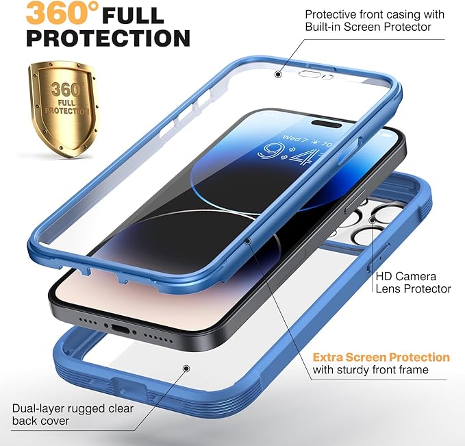 Diaclara Designed for iPhone 14 Pro Case 6.1’’, Full Body Rugged Protective Case+ Camera Lens Protector w/Built-in Touch Sensitive Anti-Scratch Screen Protector, Bumper (Blue)