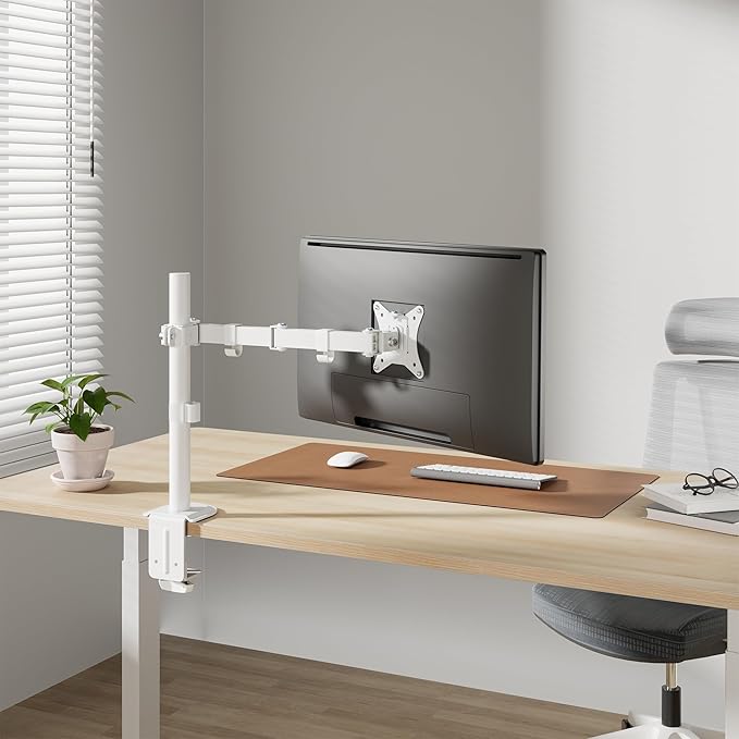 Mount-It! Single Monitor Arm 17" to 32", Full Motion Adjustment with Tilt, Rotation, Swivel, Height Adjustment Along Pole, Clamp or Grommet Mounting, Monitor Desk Mount VESA 75x75 and 100x100, White