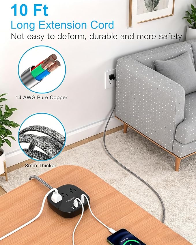 10 Ft Long Extension Cord, Cruise Ship Travel Essentials, 22.5W/4.5A Flat Plug Power Strip with 3 Outlets 4 USB Ports (2 USB C), 10ft Black Power Strip No Surge Protection, Desktop Charging Station