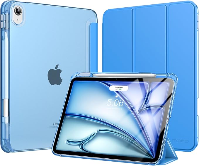 MoKo for iPad Air 11 inch Case (M4/M3/M2) 2026/2025/2024, iPad Air 5th/4th Gen 10.9 inch Case 2022/2020 with Pencil Holder, Slim Light Trifold Cover with Hard PC Translucent Back Shell, Blue Wave