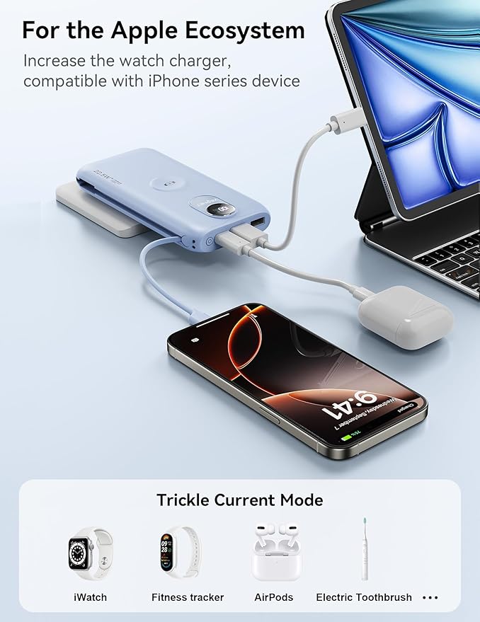 Portable Charger, 10000mAh 22.5W Power Bank Fast Charging with Wall Plug, Built-in Cables, LED Display, Compact Lightweight USB C Travel Battery Pack for iPhone 17/16, Android Cell Phone, Pad, iWatch