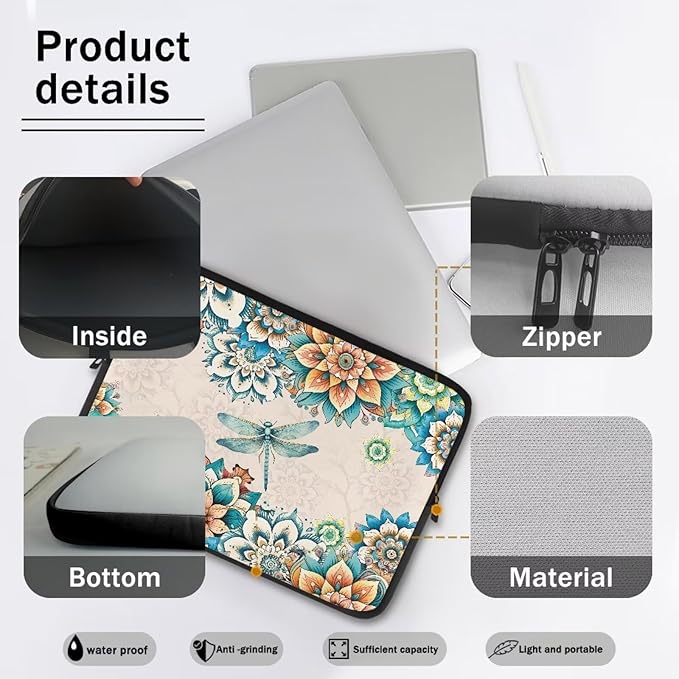 Boho Flower Dragonfly Laptop Protective Sleeve for Women Men Computer Sleeve 17 Inch Laptop Case Bag Lightweight Computer Carrying Case Suitable GITS for Teens Tablet Bags
