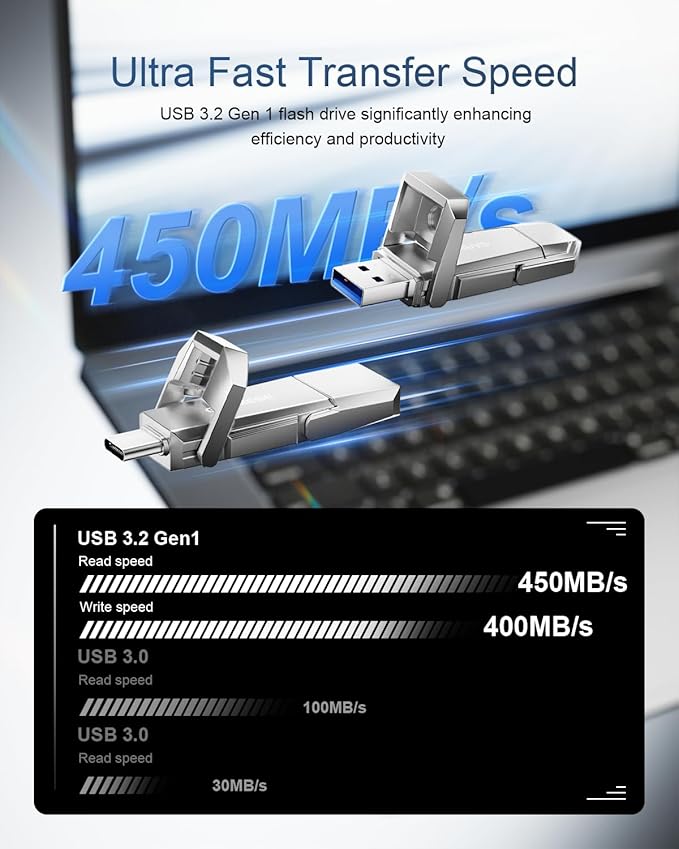64GB USB C SSD-Grade Flash Drive Up to 450MB/s USB 3.2 Solid State Thumb Drive Type-A + Type-C 2-in-1 Flash Drive Memory Stick Data Storage for iPhone 17/16/15/Android Phone/Windows/Mac