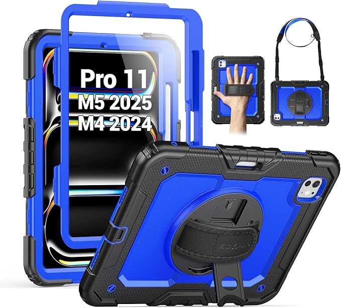 SEYMAC for iPad Pro 11 Inch Case M5 2025 / M4 2024, Heavy Duty Shockproof Protective Case with Screen Protector, 360° Rotating Stand, Hand/Shoulder Strap and Pen Holder, Blue