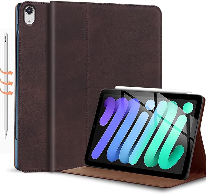 Gexmil Genuine Leather Case for iPad mini 7 (A17 Pro) 2024,iPad mini 6 Generation 8.3 Inch Case 2021, Anti Fingerprint/Slip,Cowhide Folio Cover Auto Sleep/Wake with Adjustable Stand,Sand Dark Brown