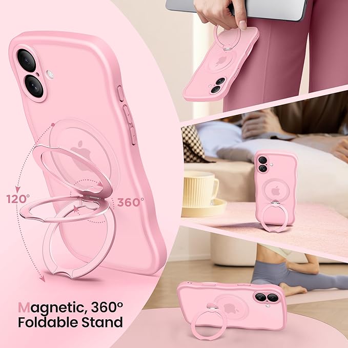 CAPRARO for iPhone 16 Case with 360° Spin Magnetic Stand for Women, [Compatible with MagSafe] [Full Camera Protection] Cute Wave Translucent Matte Case for iPhone 16, Peach Pink