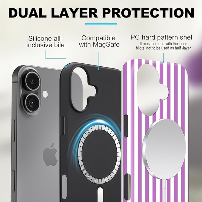 Magnetic for iPhone 16 Case Cute Stripes Phone Case, Shockproof Slim TPU and Hard PC Protective Phone Cover Compatible with MagSafe Designed for Women Girls, Purple