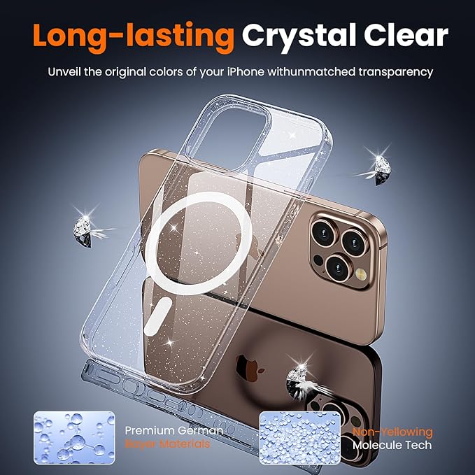 toushion 3 in 1 for iPhone 16 Pro Case Clear, Not Yellowing, Screen Protector*1 Camera Lens Protector*1, Military-Grade Protection for iPhone 16 Pro Phone Case 6.3 inch Clear Glitter