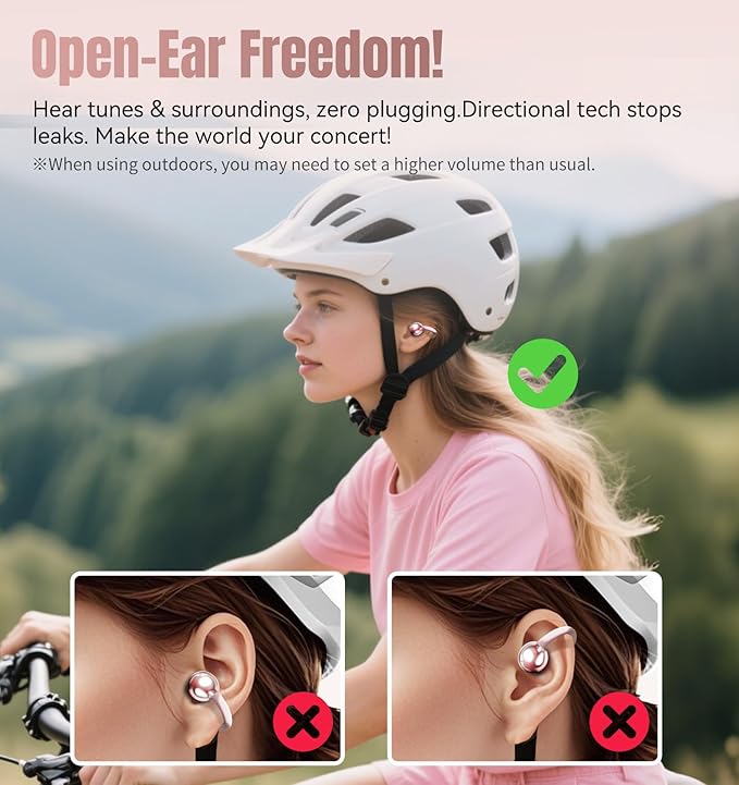 King Lucky Clip-On Earbuds Gen 3, Open-Ear Wireless Bluetooth 6.0 Headphones with Mic, Secure Fit for Small Ears & Glasses Wearers, 50H Playtime, ENC, IPX5 Waterproof Sport Ear Buds (Pink)