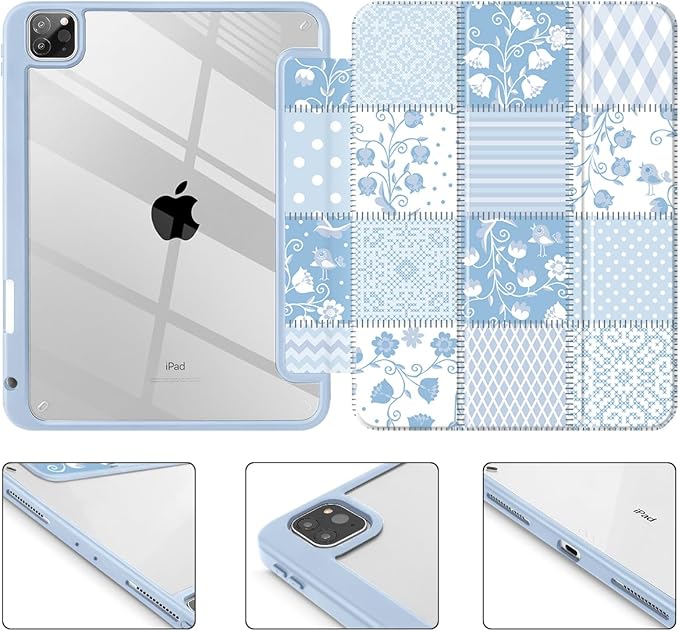Tuiklol for iPad Pro 12.9 Inch 6th/5th/4th/3rd Generation 2022 2021 2020 2018 Case,Built-in Pencil Holder Clear Transparent Protective Back Shell Cover with Auto Sleep/Wake, Patchwork Floral
