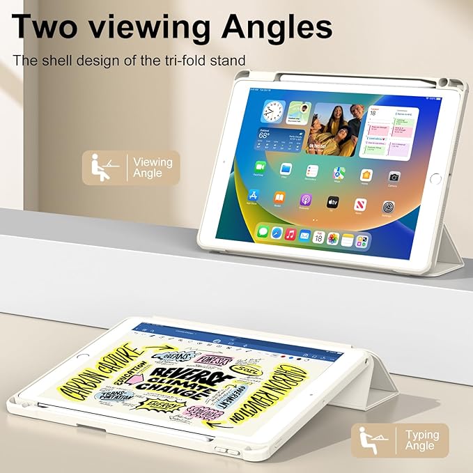 JKSML Case for iPad 9th/8th/7th Generation 10.2 Inch, Case with Pencil Holder for iPad 9/8/7 2021/2020/2019, Hard Back Cover, Auto Wake/Sleep, Cream White