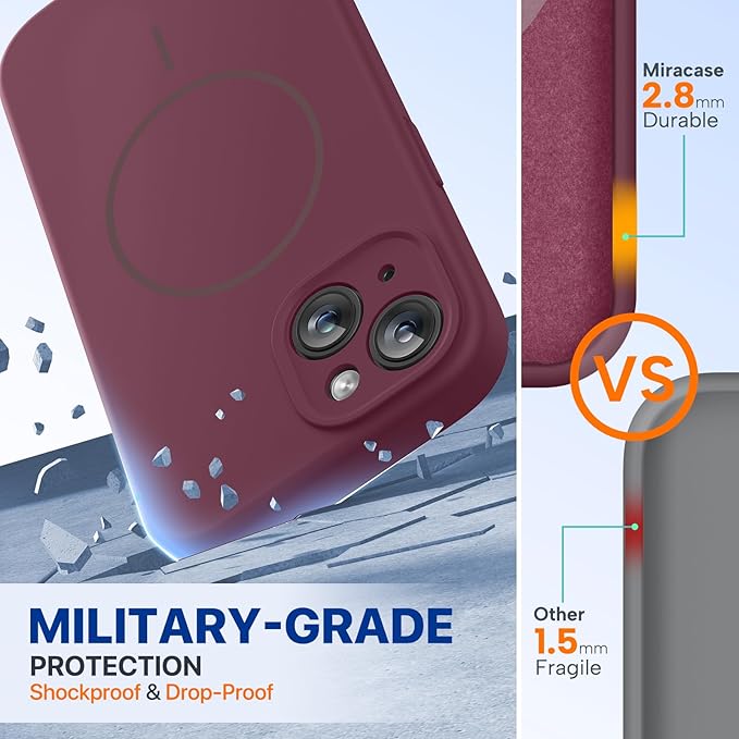 Miracase Magnetic for iPhone 15 Case, [Soft Anti-Scratch Microfiber Lining], Compatible with MagSafe, Liquid Silicone Case Shockproof Drop Protection Phone Case for 15,Wine Red
