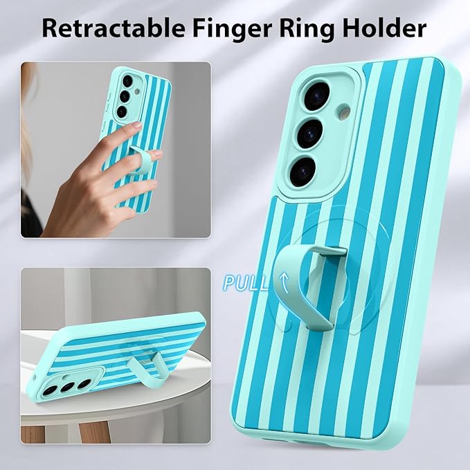 KANGHAR Compatible with Samsung Galaxy S25 Case, Support for MagSafe, Silicone Stripes Cute Pattern, Wristband Kickstand Camera Protection Soft Slim Cover for Girls Women -Blue