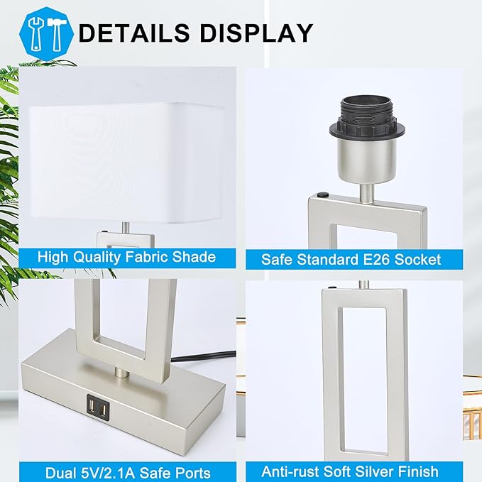BrightWe Table Lamp Set of 2 Lamps for Bedroom, Touch Control Table Lamps with 2 USB Ports, 3-Way Dimmable Bedside Nightstand Lamps, Silver&White Lamp for End Table Living Room Modern