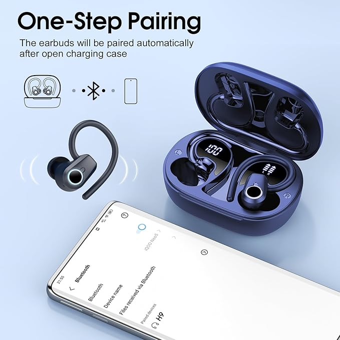 Wireless Earbuds, 2023 Bluetooth Headphones 5.3 Sport, 50H Ear buds with Earhooks, Dual LED DisplayBluetooth Earbuds, Stereo Noise Cancelling Headphones, IP7 Waterproof Running Earphones, Deep Blue