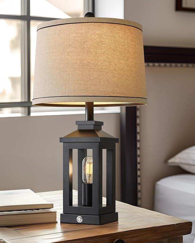 G-SAFAVA 23.75" Retro Farmhouse Black Table Lamp for Living Room Bedroom Nightstand Single Pack Touch Control Bedside Nightlight Vintage Modern Lamp with USB C+A Ports and 2 Light Sources