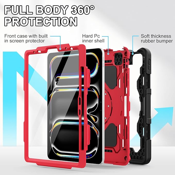 iPad Pro 11 inch Case 1st-4th Gen (2022/2021/2020/2018) Full-Body Shockproof Protective Cover with 360° Rotating Stand for Kids, Also for iPad Air 11 inch Case M2 2024 6th Gen Pencil Charge