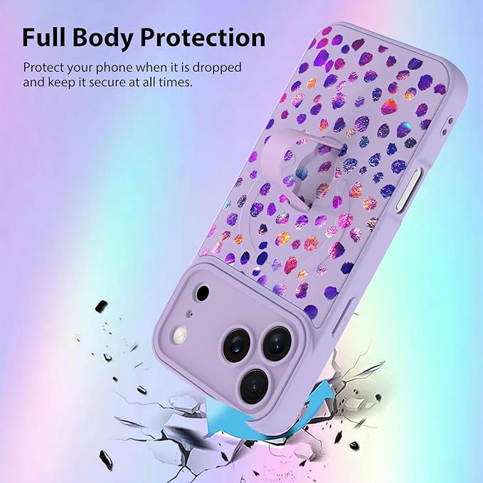 KANGHAR Compatible with iPhone 17 Pro Case, Support for MagSafe, Silicone Cute Iridescent Pattern Leopard Print Cheetah, Wristband Kickstand Shockproof Soft Slim Cover for Girls Women, Purple