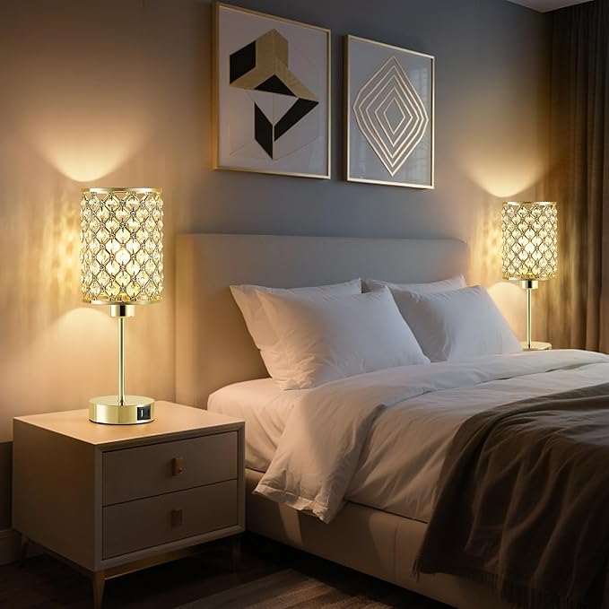 GyroVu Crystal Table Lamps Set of 2, Gold Touch Lamp for Nightstand with USB C+A Ports, Dimmable Small Bedside Lamp with Crystal Shade, End Table Desk Lamps for Bedroom, Living Room(Buld Included)