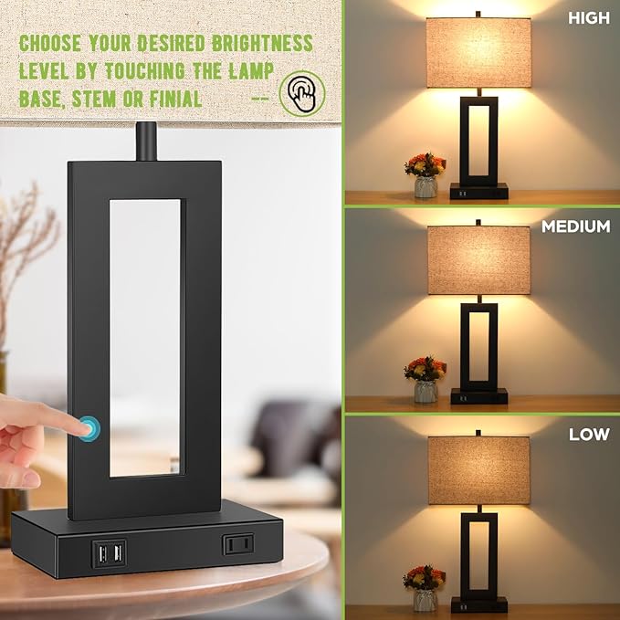 TOBUSA 28’’ Tall Lamps for Living Rooms Set of 2, Modern Black Touch Control Table Lamps for Bedroom, 3 Way Dimmable Bedside Lamps with 2 USB Ports&AC Outlet, High-end Decor Lamp for Home Office