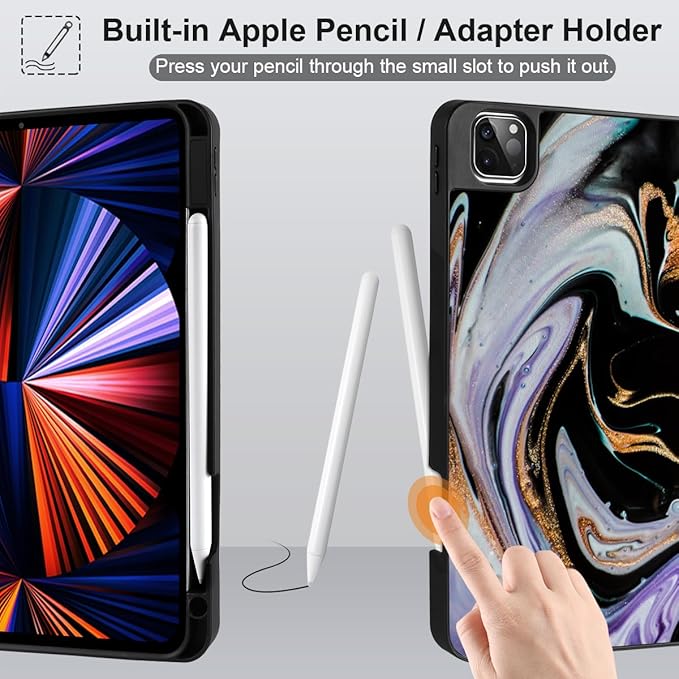 DONGKE Case for 2022/2021/2020/2018 iPad Pro 11 inch Gen 4/3/2/1 - Slim Protective Case - Built in Pencil Holder Support Charging - Trifold Stand & Sleep/Wake Cover- Black Marble