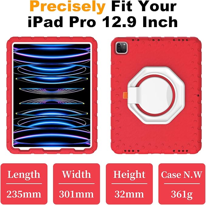 for iPad Pro 12.9 Case 6th/5th/4th/3rd Generation with 360° Rotating Stand & Pencil Holder, Heavy Duty Cute Cover for iPad Pro 12.9 inch 2022/2021/2020/2018, Red