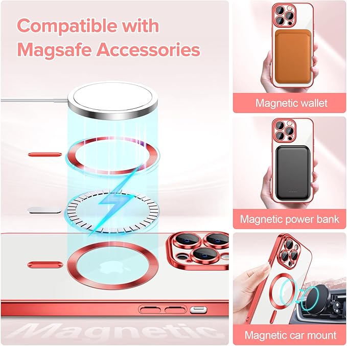 Hython Magnetic Clear for iPhone 13 Pro Case with Camera Lens Protector [Compatible with MagSafe] Luxury Plating Edge Slim Soft TPU Cover Protective Phone Case for iPhone 13 Pro 6.1", Red