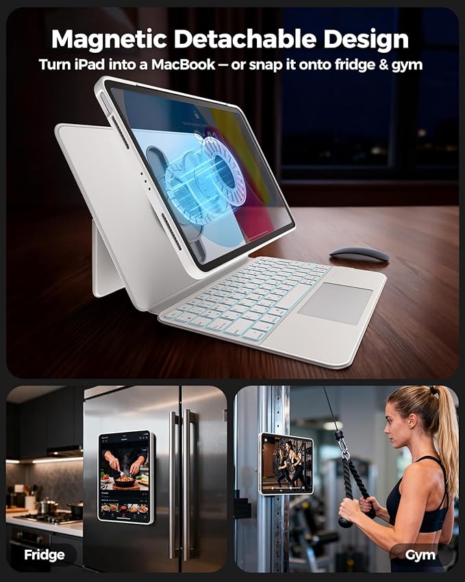 Keyboard Case for iPad A16 11th Gen 11" 2025/ 10th Gen 10.9" 2022, Clear Detachable Magnetic 360 Rotatable & Liftable Cover, 7-Color Backlit, Native Gesture Trackpad, 180 Kickstand, White