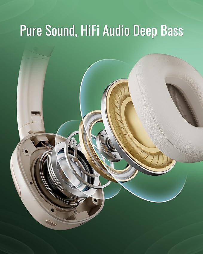 Hybrid Active Noise Cancelling Headphones, Wireless Over Ear Bluetooth, 50H Long ANC Playtime, Rotatable and Foldable, HiFi Audio Deep Bass, Customized EQ via APP, Transparency Mode (Off White)