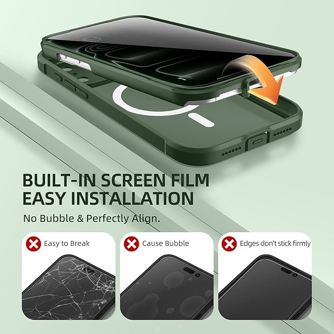 BERFY for iPhone 17 Pro Case, Compatible with MagSafe, Built-in Privacy Screen Protector, Camera Protection, Shockproof Full Body Phone Case 6.3", Translucent Deep Green