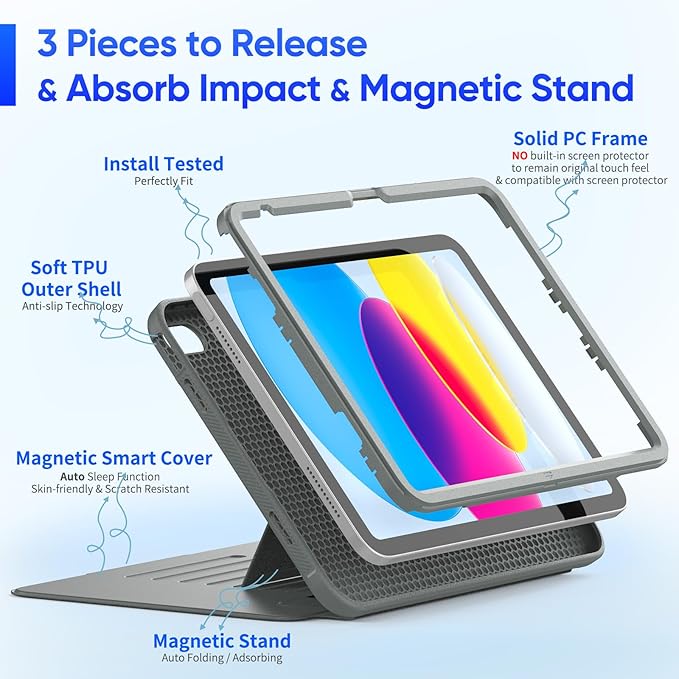 SEYMAC stock Case for iPad (A16) 11th/10th Generation 11''/10.9'', Strong Magnetic Auto Sleep Shockproof Case with Absorbing Multi-Angles Stand, Pen Holder, Card Slot (Gray)