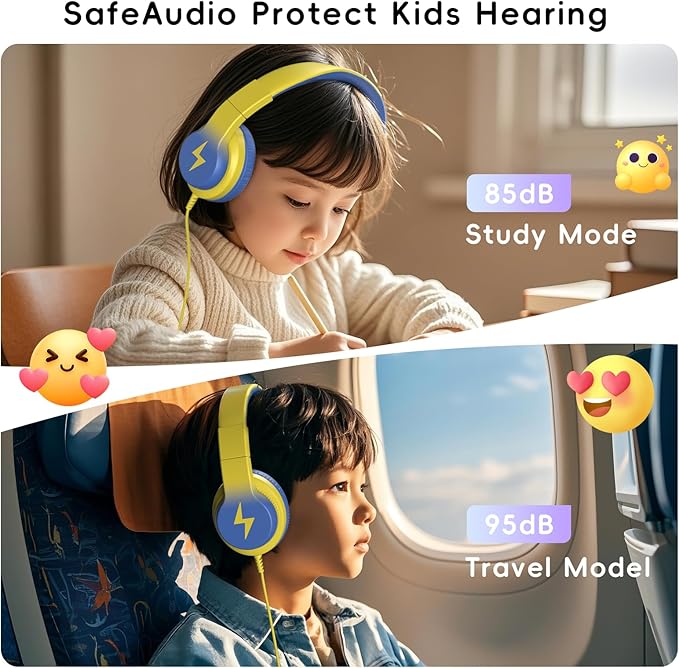 Candy Bila Kids Headphones, Wired Headphones for Kids Over Ear with Microphone, 85/94dB Volume Limiter Headphone for Girls Boys, Foldable Headphone for Learning & Entertainment, Light Yellow