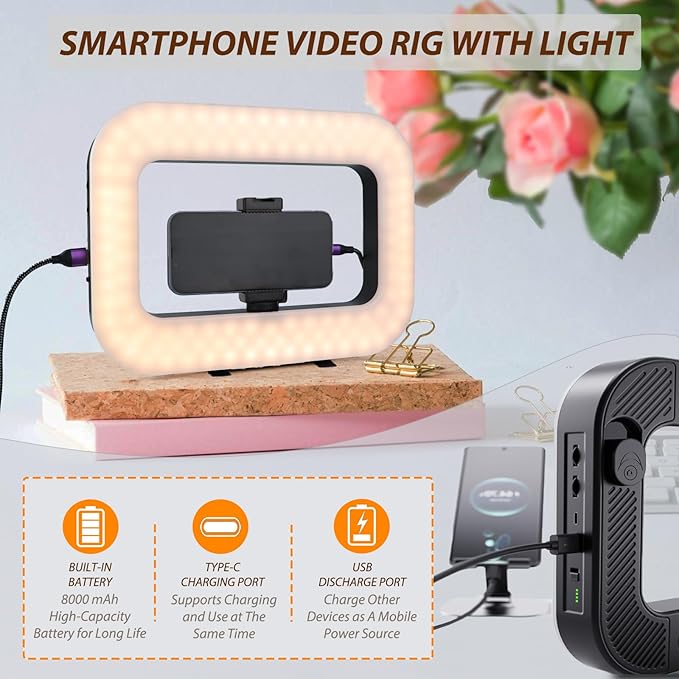 Ring Light for Phone with Video Rig, LED Video Light Kit, 8000mAh Battery, Bluetooth Remote, Adjustable Brightness and Color for Selfie, Phone Photography, TikTok, YouTube, Vlogging (LED Pro)