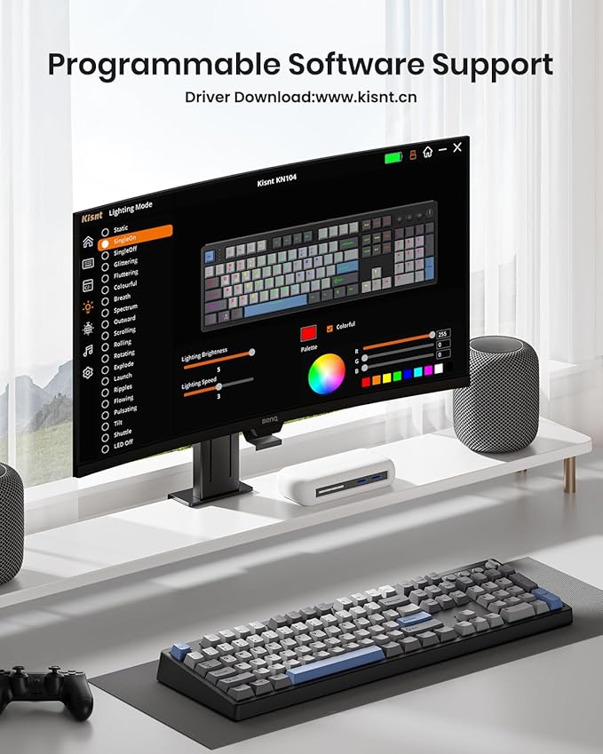 Kisnt KN104 Wireless Mechanical Gaming Keyboard, 100% Full Size 104 Keys with Number Pad, Custom RGB Backlit, Creamy Sound, Hot Swappable, Bluetooth/2.4GHz/USB-C for Win/Mac/PC (Carbon Black)