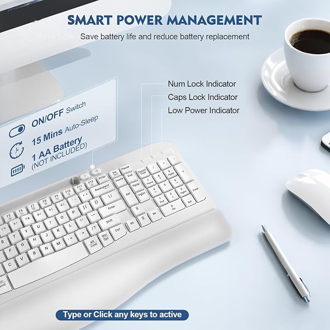 Ergonomic Wireless Keyboard with Cushioned Wrist Rest, Wave Keys, Phone Holder, Comfortable Natural Typing, 2.4GHz Full Size Cordless USB Computer Keyboard for Windows, Mac OS, Laptop, PC (White)