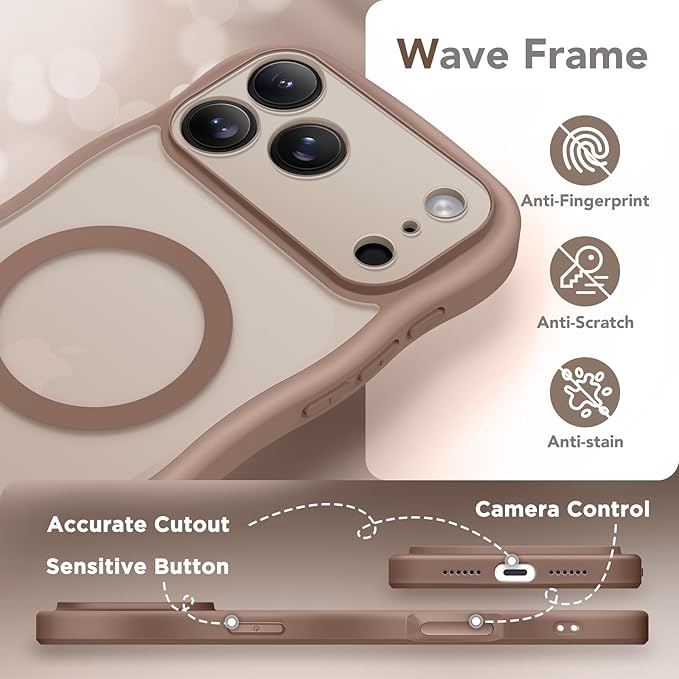 CAPRARO Magnetic for iPhone 17 Pro Max Case for Women Girls, Upgraded [Full Camera Protection] [Compatible with MagSafe] Cute Wave Translucent Matte Phone Case for iPhone 17 Pro Max, Clear Brown