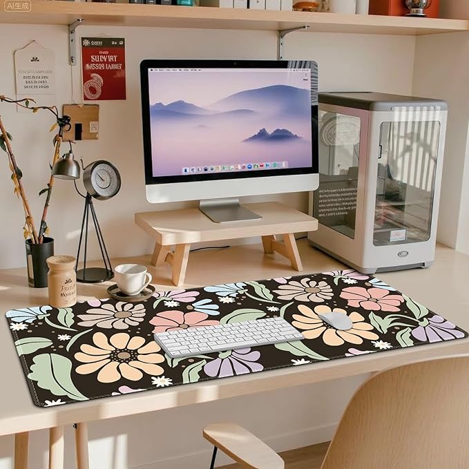 ARTSO Black Large Desk Mat,XXL Gaming Mouse Pad,Non Slip Desk Pad with Rubber Base,Floral Extended Keyboard Mat with Stitched Edges for Office Home School