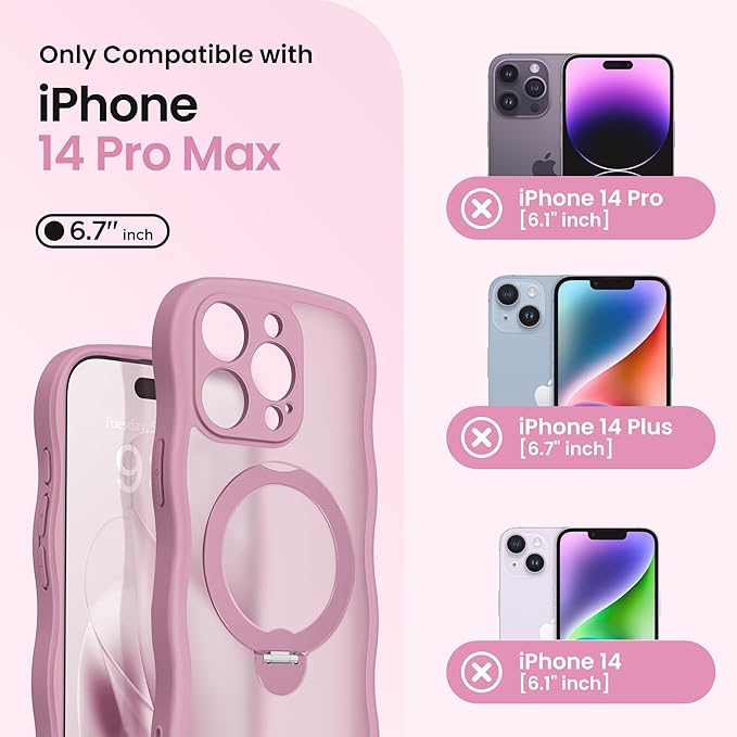 CAPRARO for iPhone 14 Pro Max Case with 360° Spin Magnetic Stand for Women, [Compatible with MagSafe] [Full Camera Protection] Cute Wave Translucent Matte Case for iPhone 14 Pro Max, Black Currant