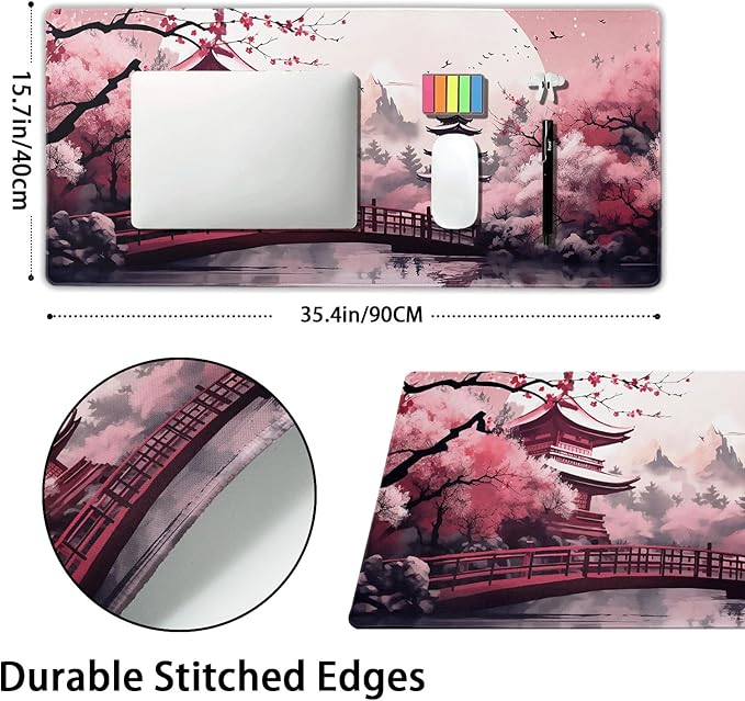 Pink Japanese Cherry Blossom Large Mouse Pad XXL Sakura Forest Tree Sun Tower Mountain Extended Large Desk Mat Big Desk Pad 90X40 CM Non-Slip Rubber Base Stitched Edge Long Mousepad,35.4 x 15.7 Inch