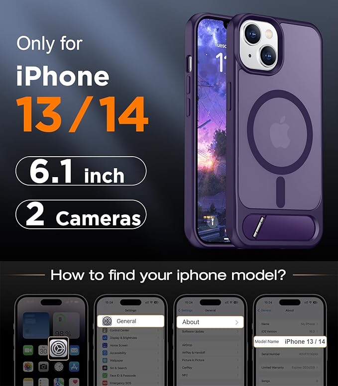 Magnetic Compatible with iPhone 14 Case/iPhone 13 Case,[Built-in Invisible Kickstand][Compatible with MagSafe][Military Grade Shockproof] Slim Translucent Matte Phone Case for iPhone 14/13 6.1"