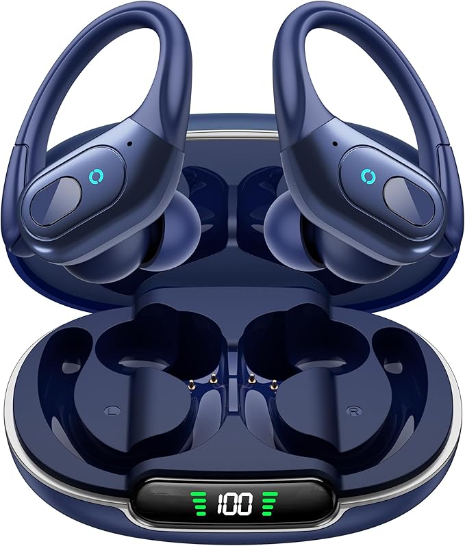 occiam Active Noise Cancelling Earbuds Wireless Bluetooth Headphones Ear Buds 90Hrs Playback Stereo Bass Earphones with Mic Over-Ear Hooks IPX7 Waterproof Headset for Work Sports (Deep Blue)