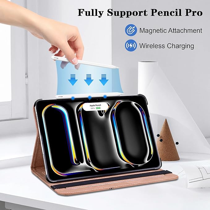 Case for iPad Pro 11 inch Case (M5/M4) 2025/2024, Premium Leather Folio Stand Cover with Auto Wake/Sleep, Pencil Holder and Card Slots - Metallic Flower