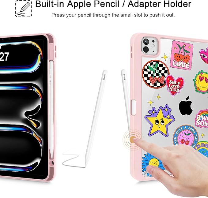 May Chen for iPad Pro 13 Inch Case M5 2025 / M4 2024, Built Pencil Holder & Clear Transparent Print Back Shell Slim Stand Shockproof Tablet Cover, Auto Wake/Sleep, Groovy